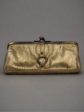 Metallic Gold Frame Wristlet Clutch with Decorative Ring